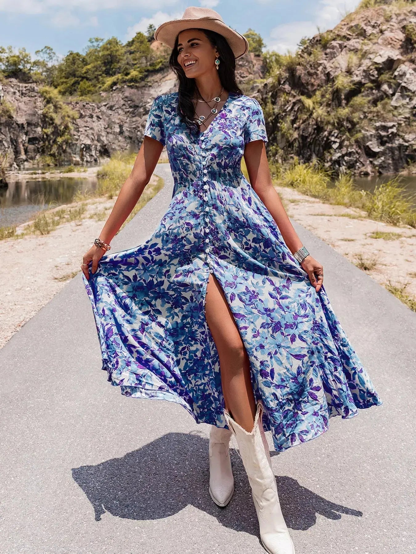 Floral Print V-Neck Slit Midi Dress STYLE SOURCE