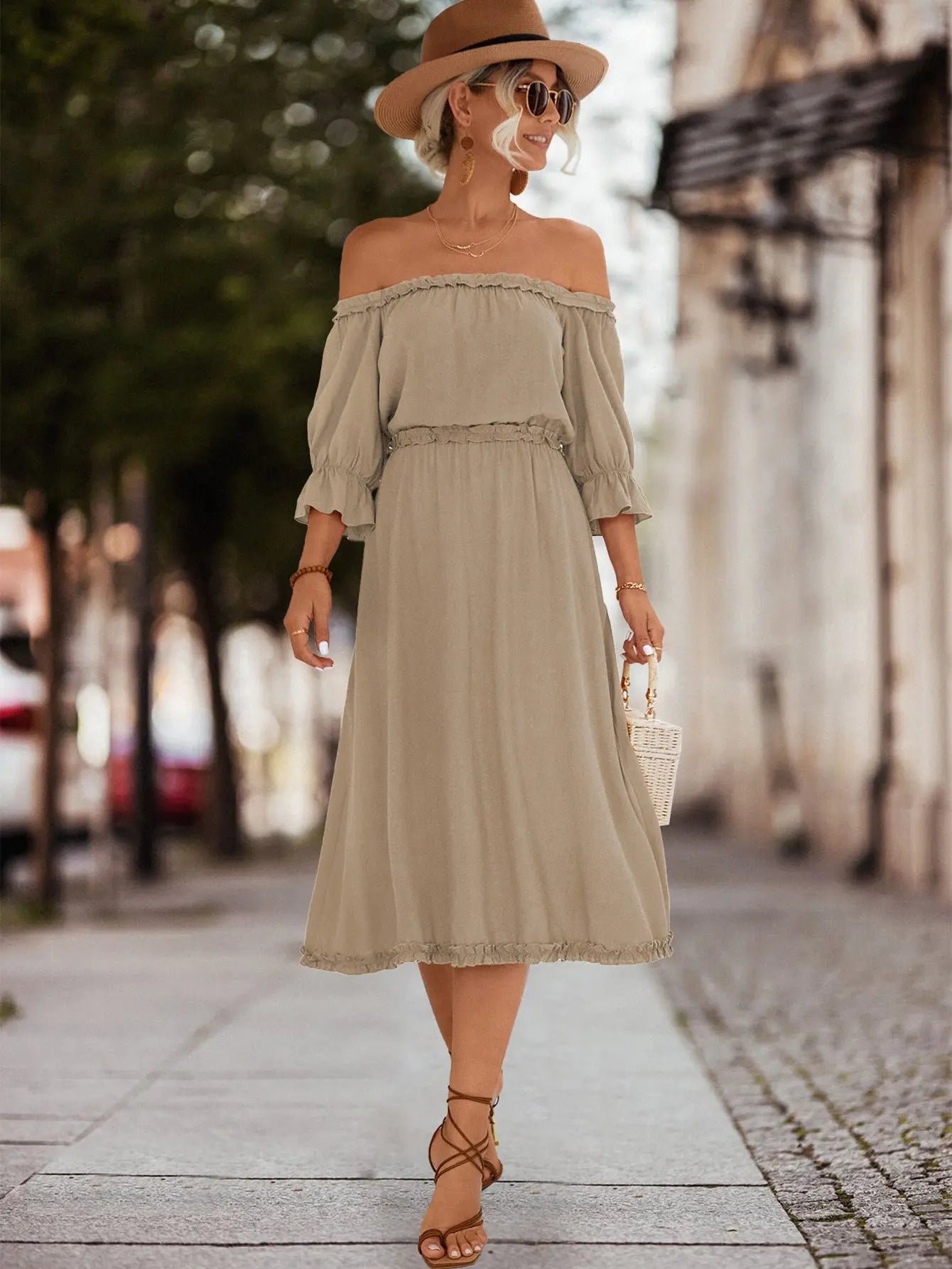 Frilled Off-Shoulder Flounce Sleeve Dress STYLE SOURCE