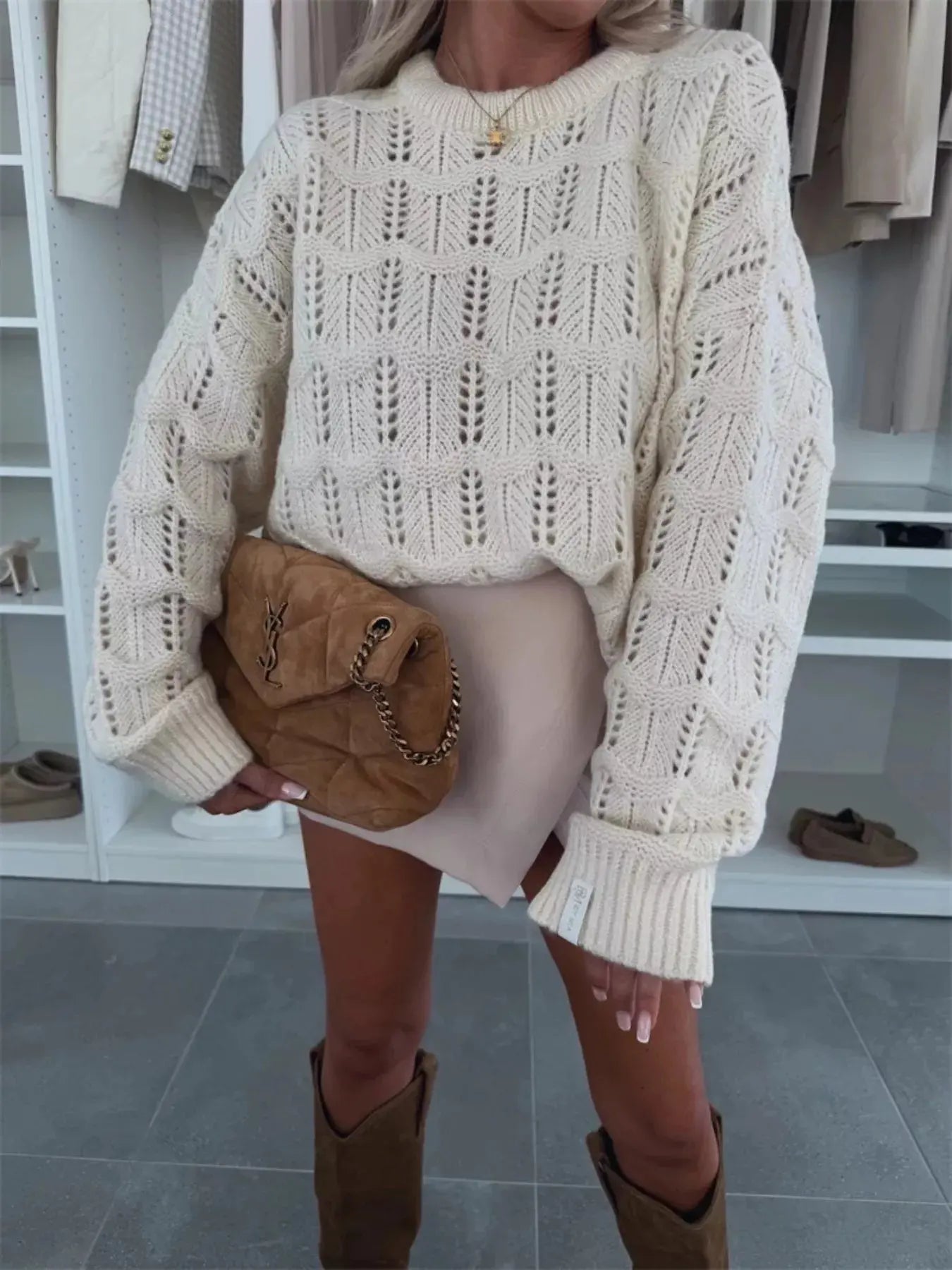 Openwork Round Neck Sweater STYLE SOURCE