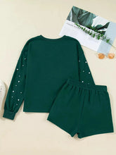 Pearl Embellished Drop Shoulder Pullover Elastic Waist Mini Skirt Set STYLE SOURCE