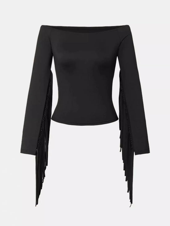 Off-Shoulder Fringe Sleeve T-Shirt STYLE SOURCE