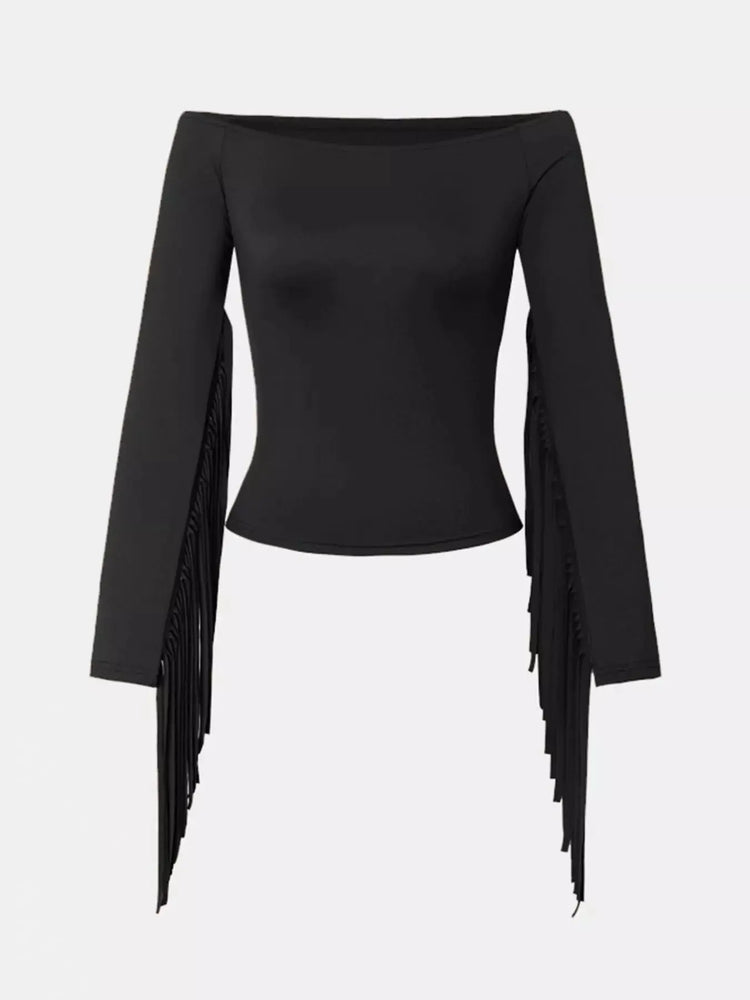 Off-Shoulder Fringe Sleeve T-Shirt STYLE SOURCE