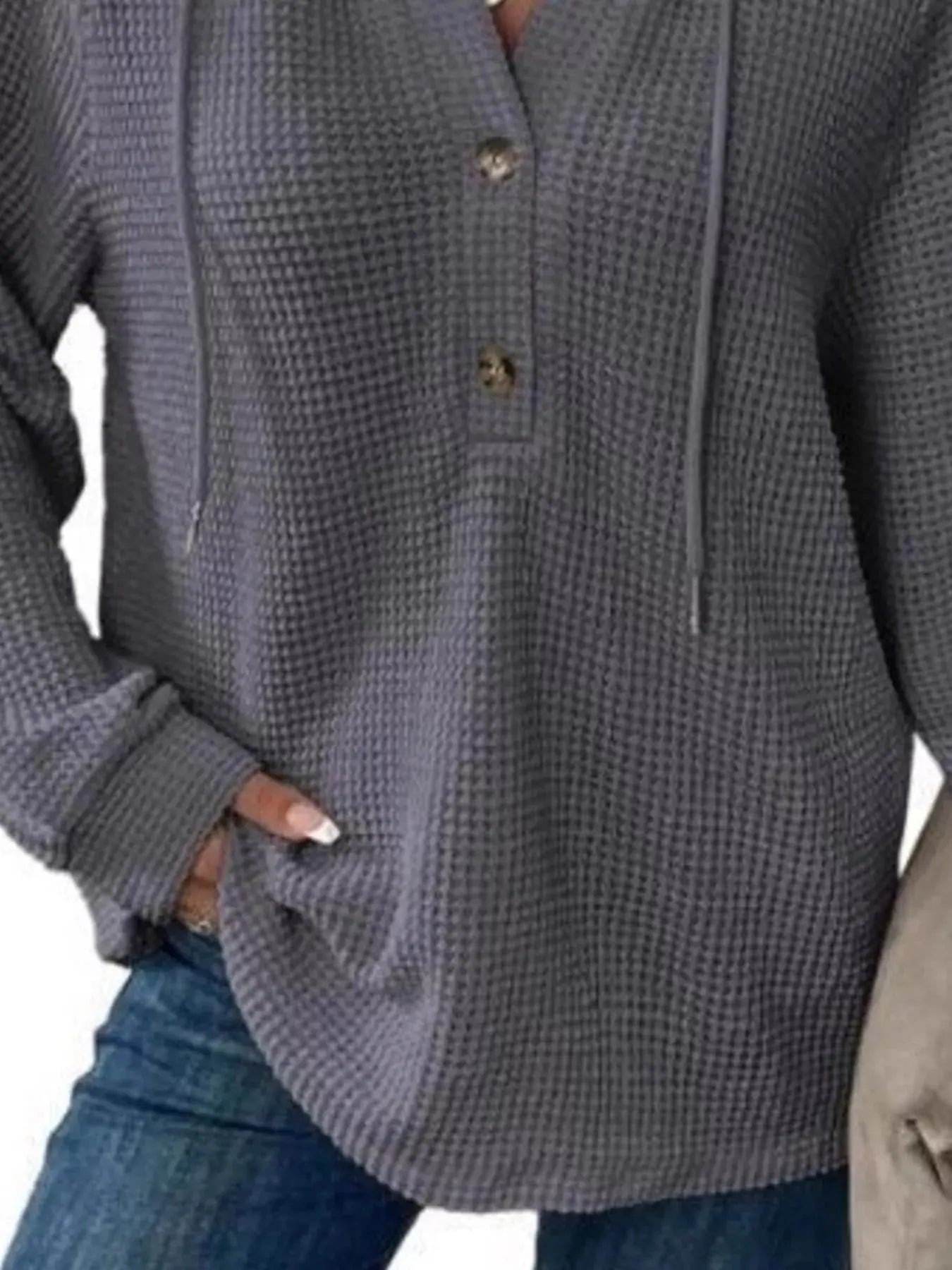 Full Size Button Detail Waffle Knit Hoodie Plus Size STYLE SOURCE