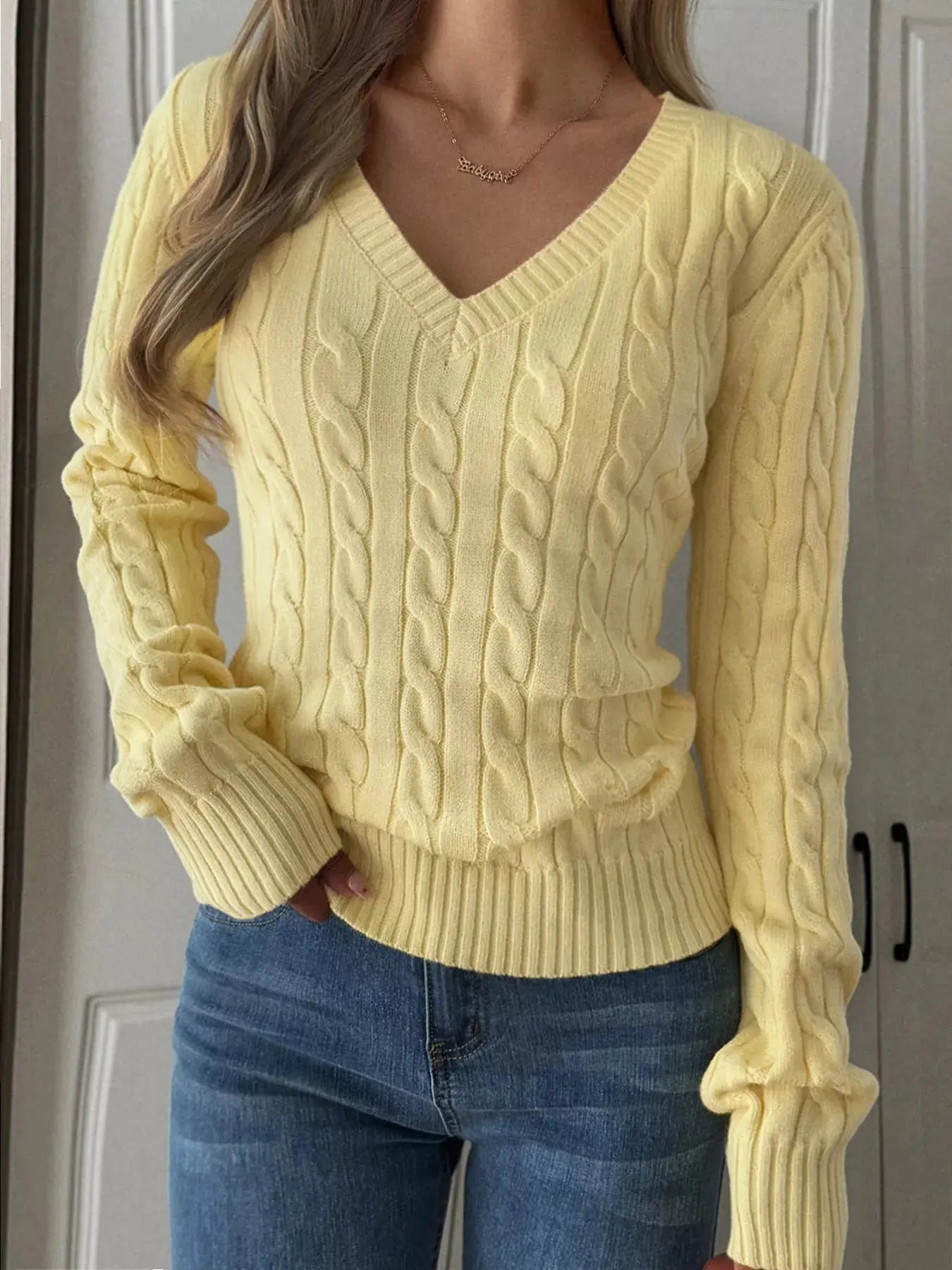 Cable-Knit V-Neck Sweater STYLE SOURCE