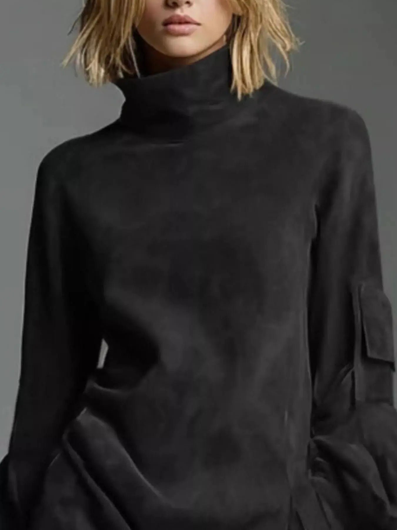 Full Size Suede Turtleneck Lantern Sleeve Mini Dress Plus Size STYLE SOURCE
