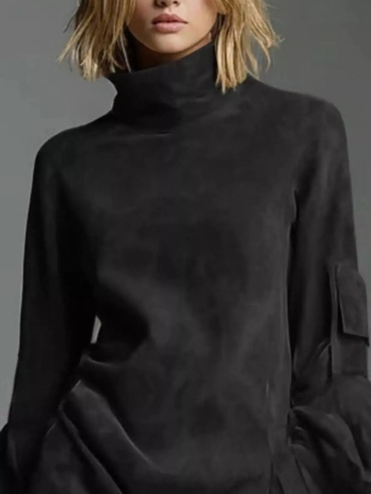 Full Size Suede Turtleneck Lantern Sleeve Mini Dress Plus Size STYLE SOURCE