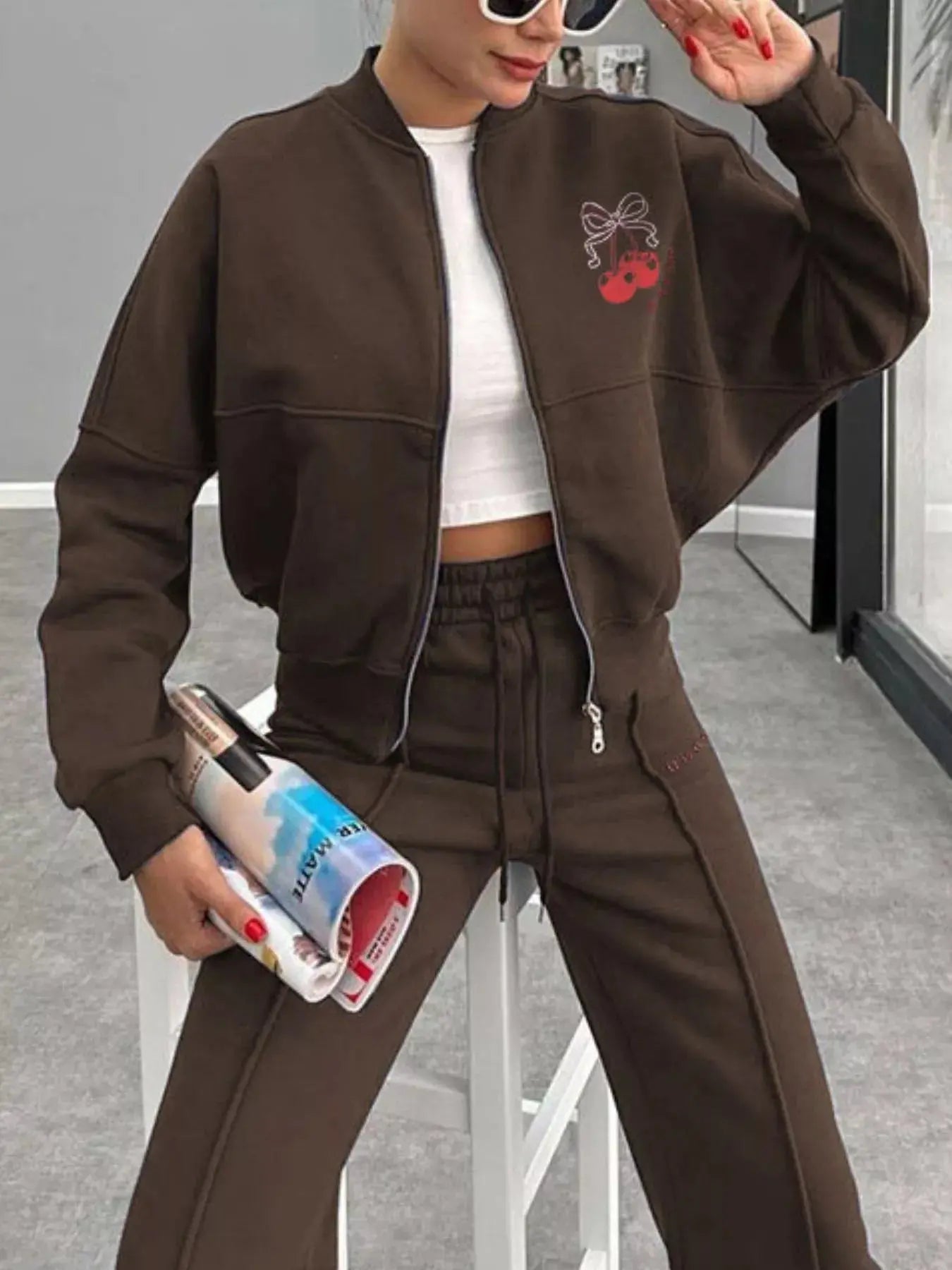 Zip Up Dropped Shoulder Outerwear and Pants Set STYLE SOURCE