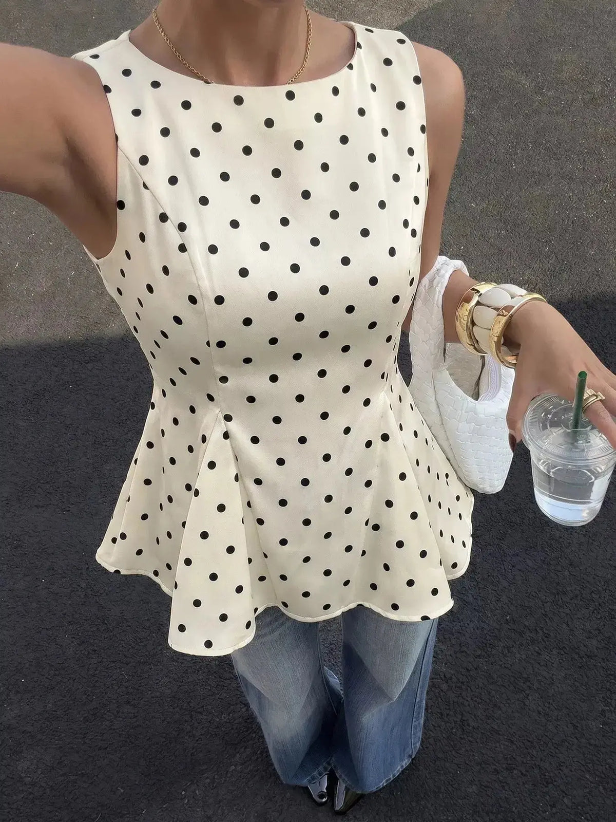 Apricot Polka Dot Sleeveless Peplum Blouse STYLE SOURCE