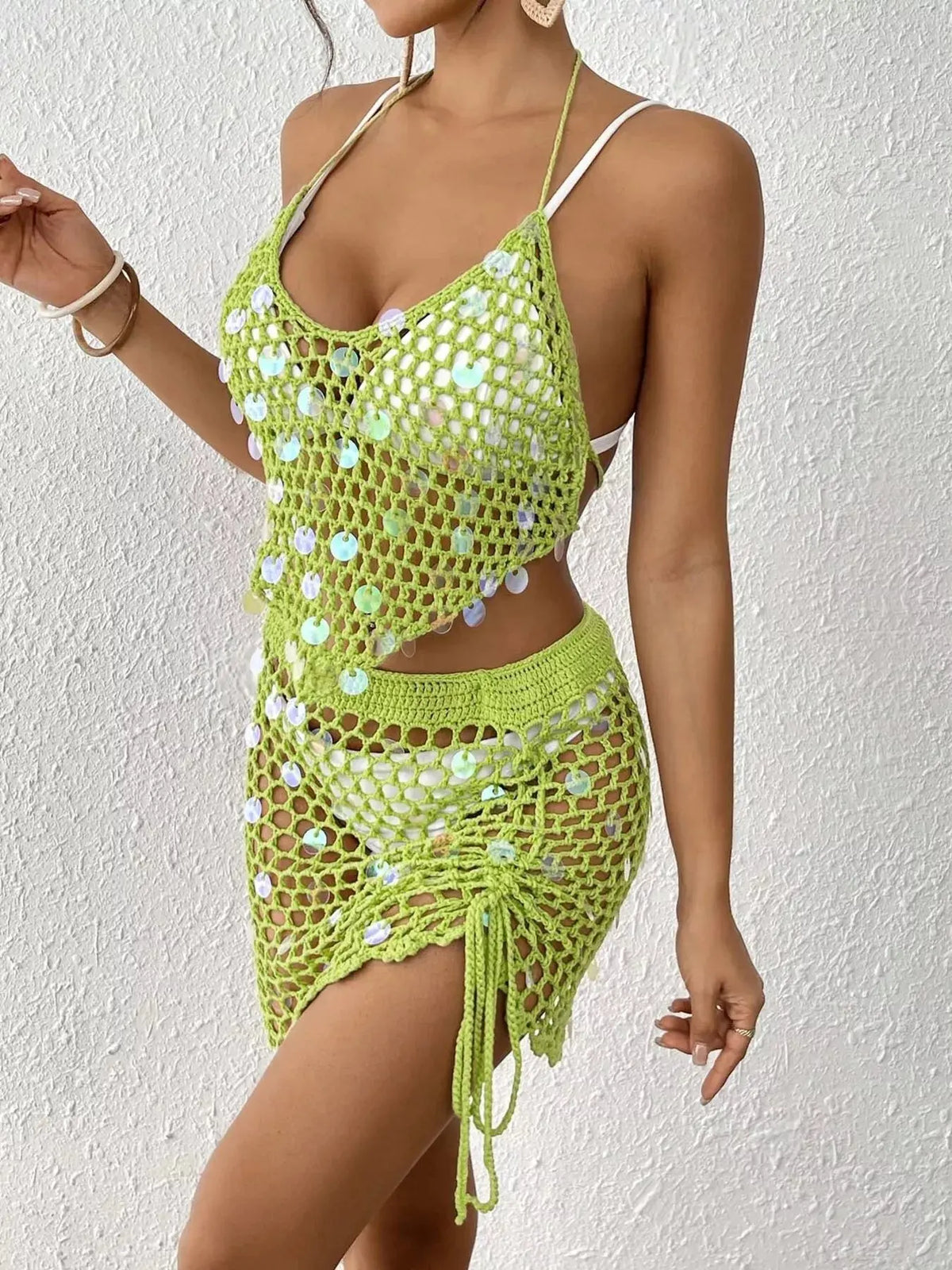 Crochet Halter Neck Top & Skirt Cover Up Set STYLE SOURCE