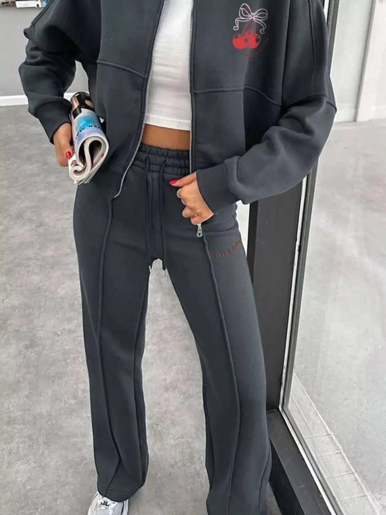 Zip Up Dropped Shoulder Outerwear and Pants Set STYLE SOURCE