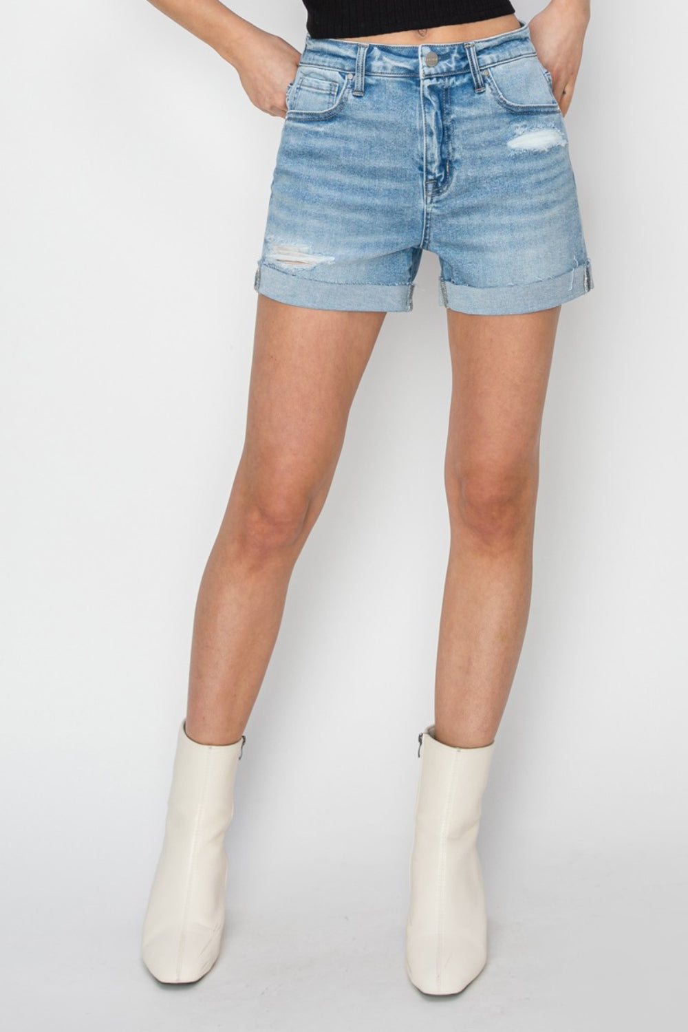 RISEN Distressed Mid-Rise Waist Denim Shorts STYLE SOURCE