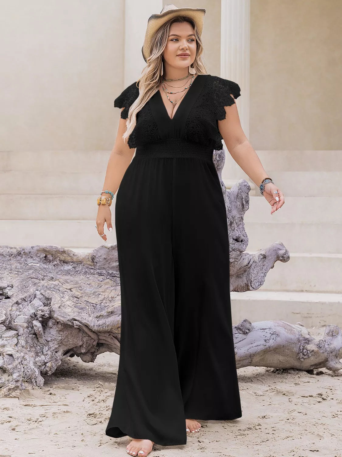 Plus Size Lace Cap Sleeve Wide Leg Jumpsuit STYLE SOURCE