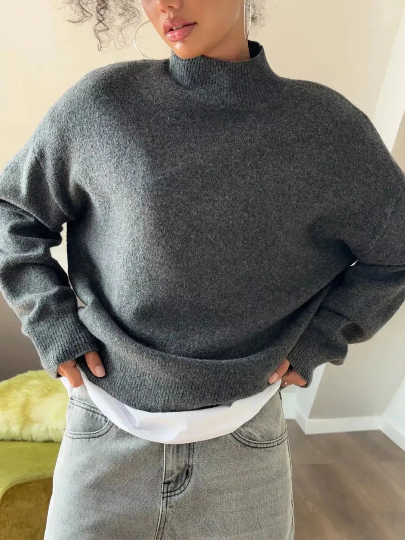 Mock Neck Dropped Shoulder Sweater STYLE SOURCE