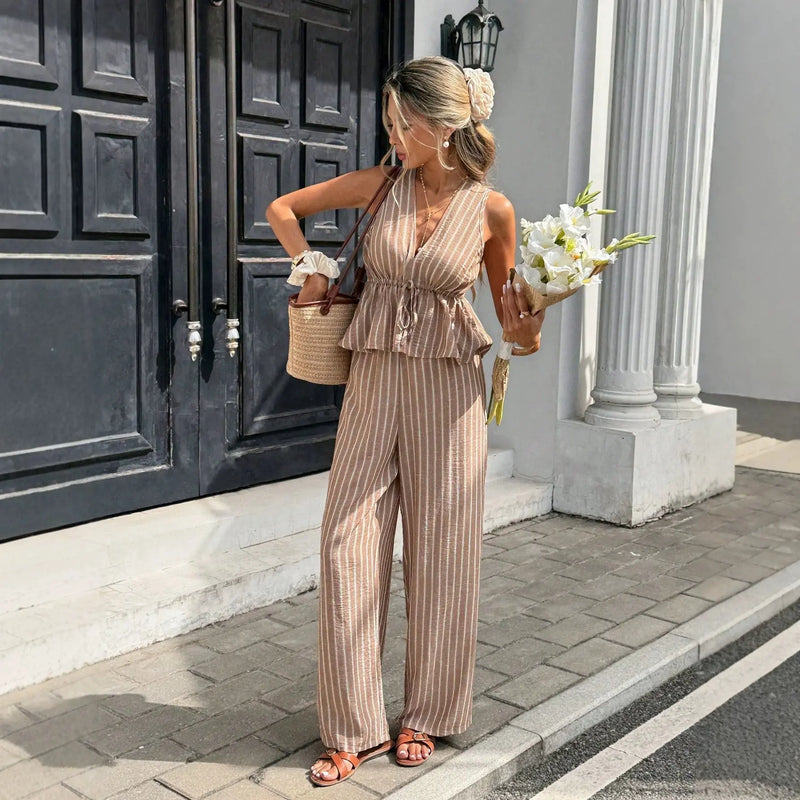 Women's Striped Sleeveless Top & Wide-Leg Pants Two-Piece Set STYLE SOURCE