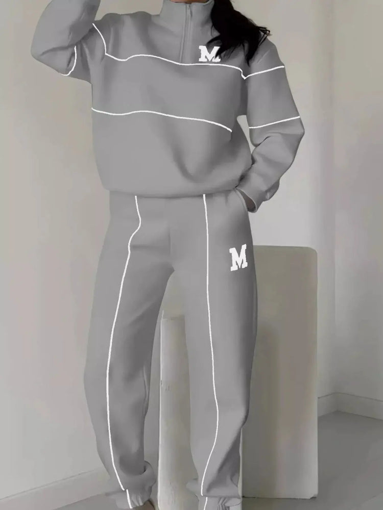 Full Size Striped Quarter Zip Top and Pants Set Plus Size STYLE SOURCE