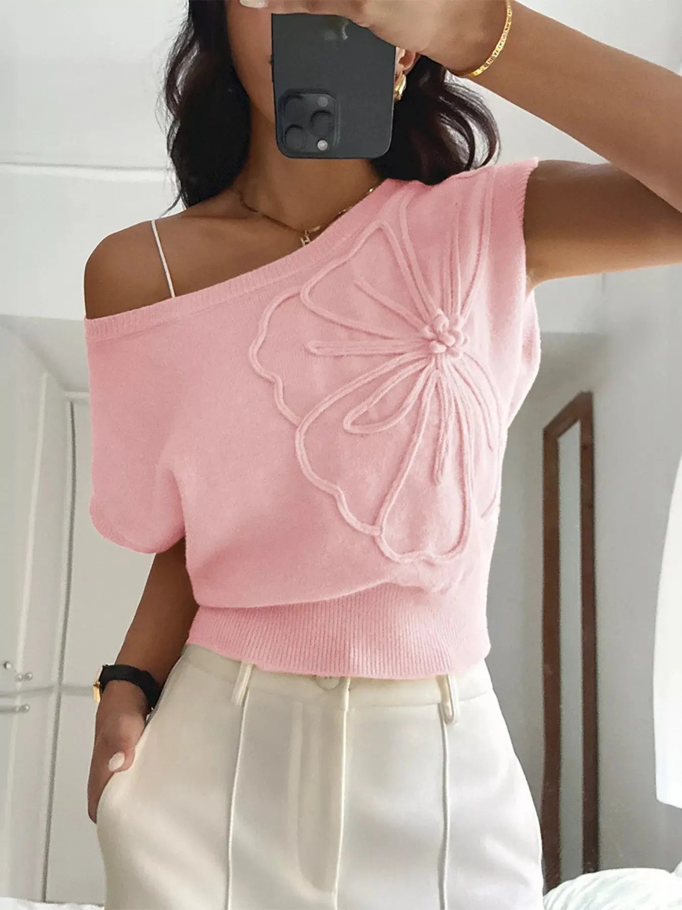 Flower One Shoulder Sweater STYLE SOURCE