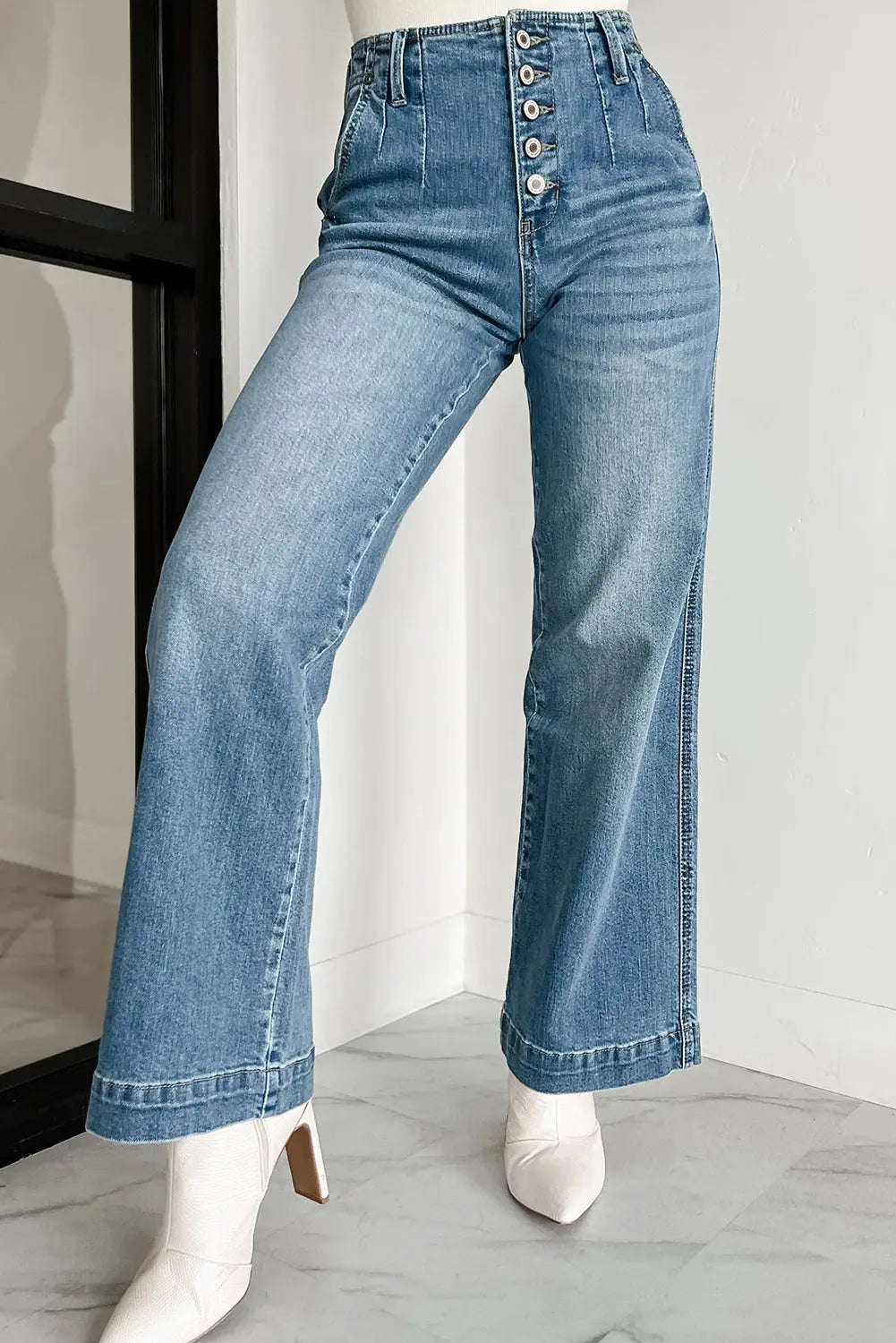 Dusk Blue Multi Button Waist Wash Straight Leg Jeans STYLE SOURCE