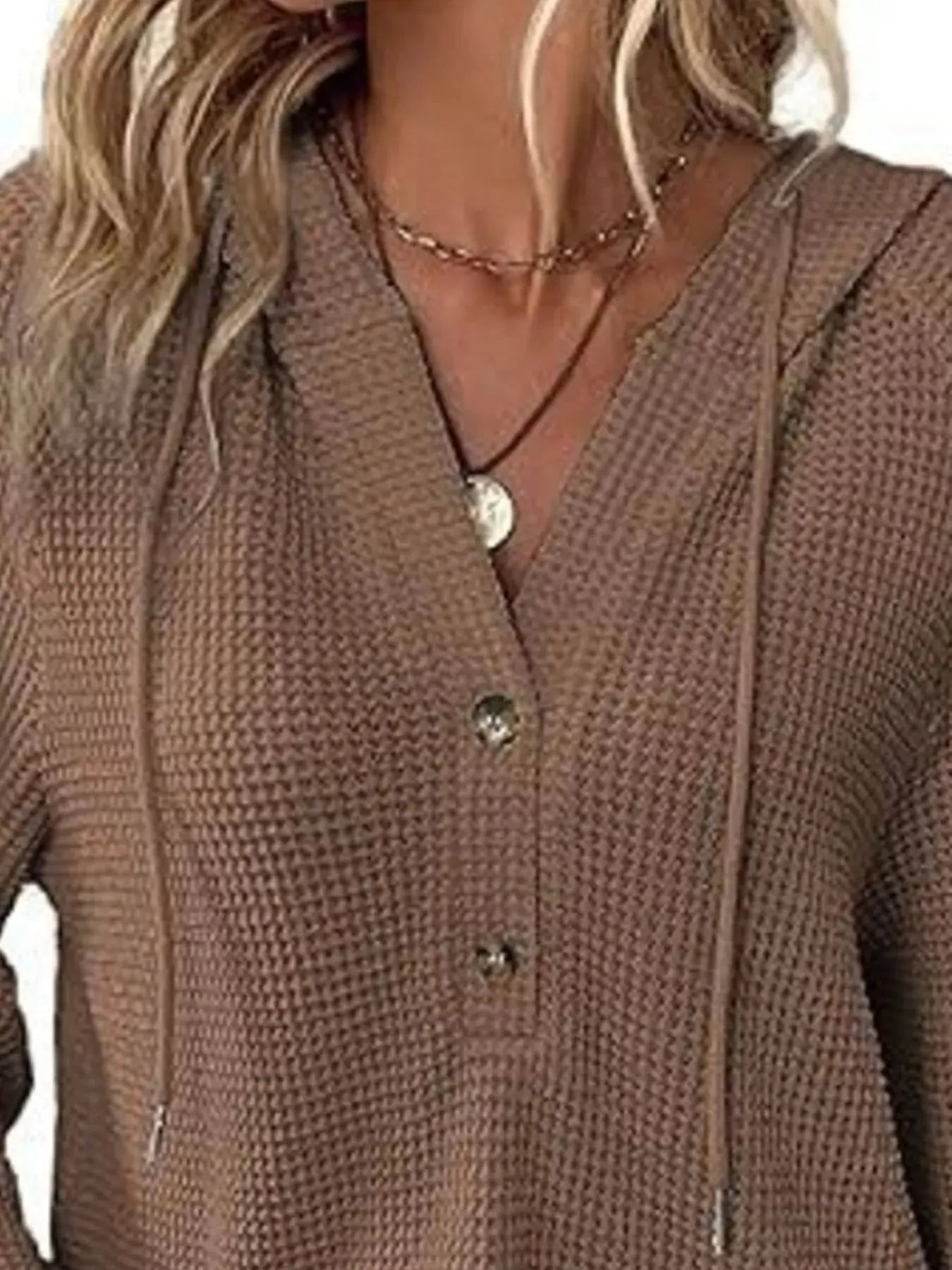 Full Size Button Detail Waffle Knit Hoodie Plus Size STYLE SOURCE
