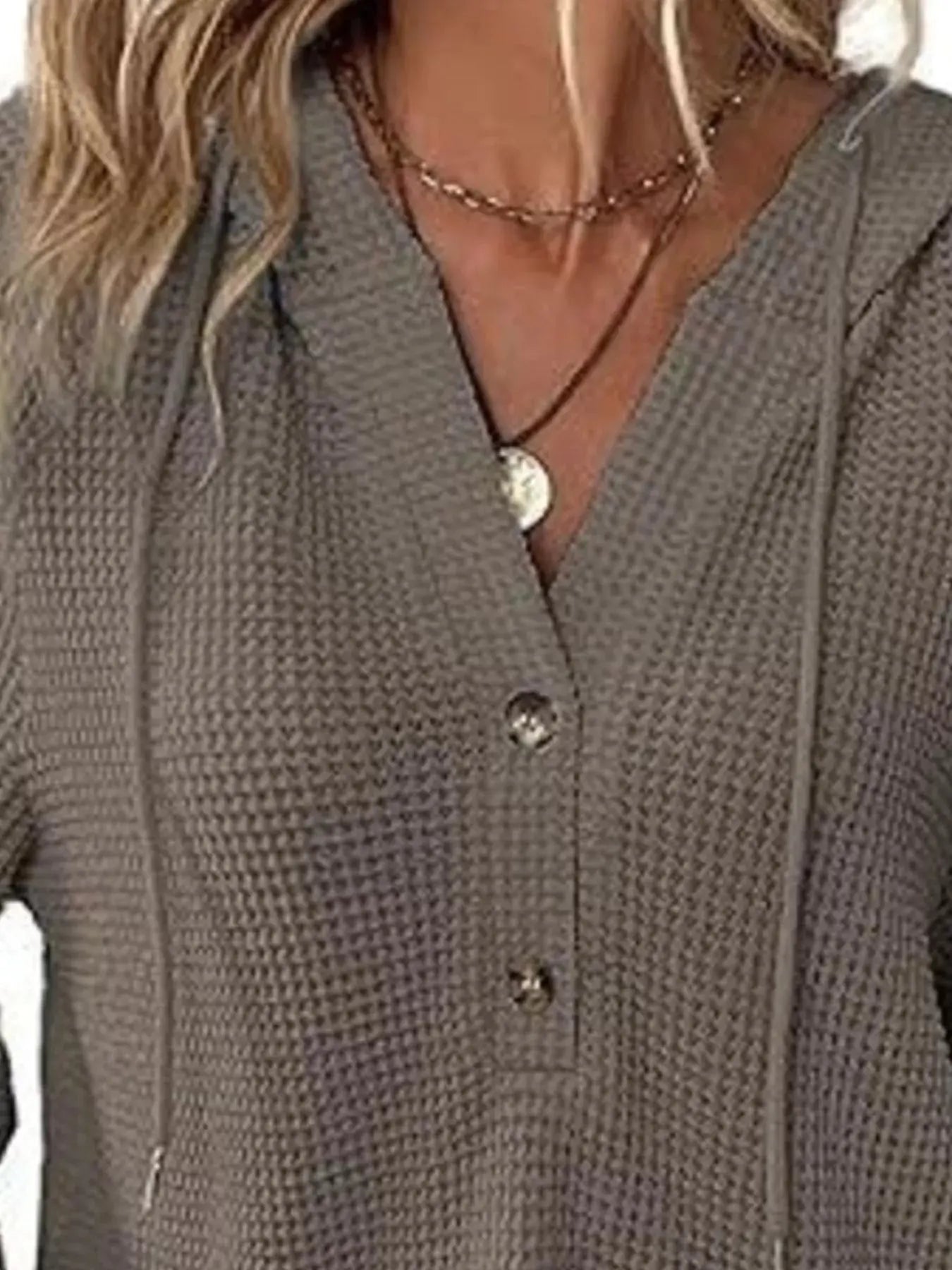 Full Size Button Detail Waffle Knit Hoodie Plus Size STYLE SOURCE