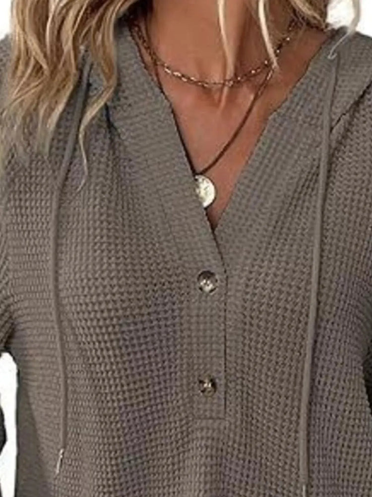 Full Size Button Detail Waffle Knit Hoodie Plus Size STYLE SOURCE