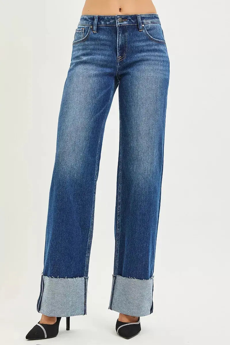RISEN Mid Rise Wide Straight Jeans With Wide Cuff STYLE SOURCE
