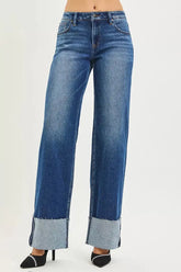 RISEN Mid Rise Wide Straight Jeans With Wide Cuff STYLE SOURCE