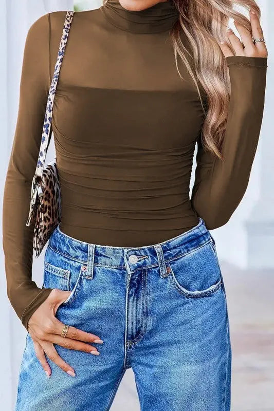 Sheer Mesh Patchwork High Neck Long Sleeve Top STYLE SOURCE