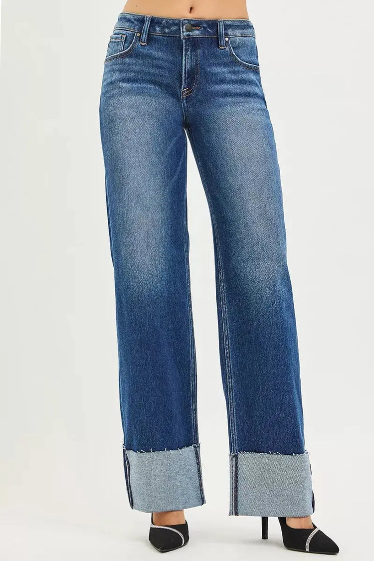 RISEN Mid Rise Wide Straight Jeans With Wide Cuff STYLE SOURCE