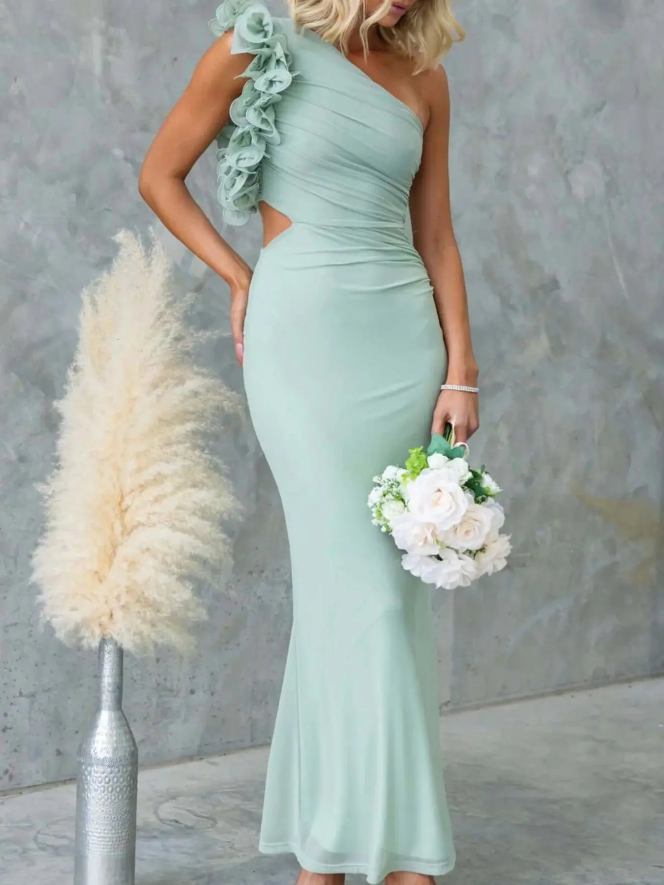 One-Shoulder Floral Trim Sleeveless Maxi Dress STYLE SOURCE