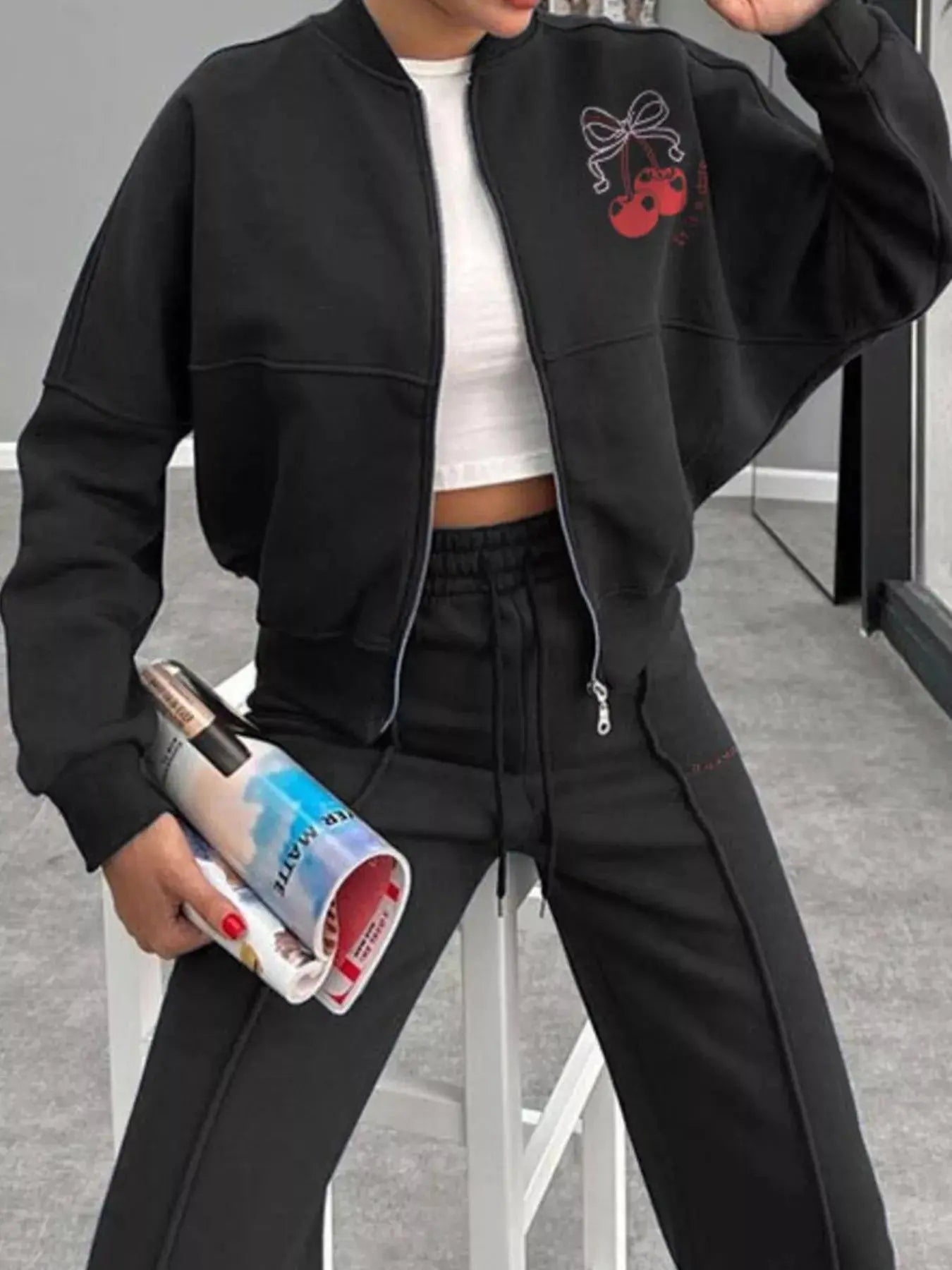 Zip Up Dropped Shoulder Outerwear and Pants Set STYLE SOURCE