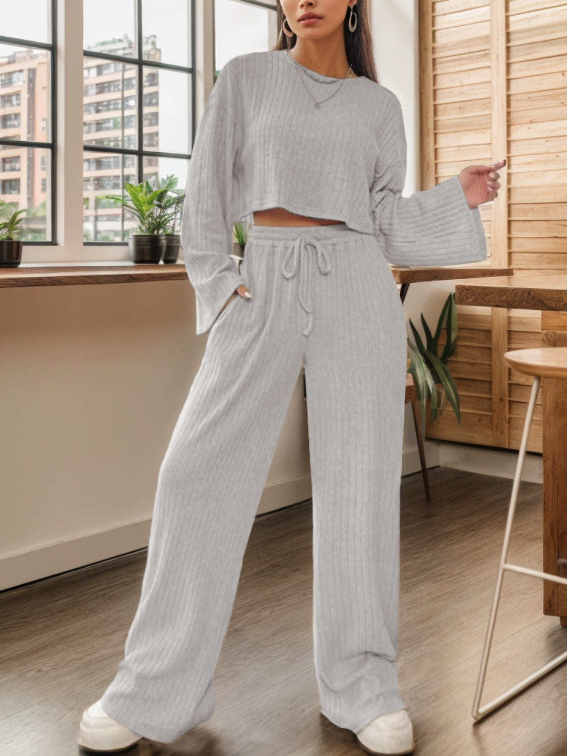 Ribbed Round Neck Top and Drawstring Pants Set STYLE SOURCE