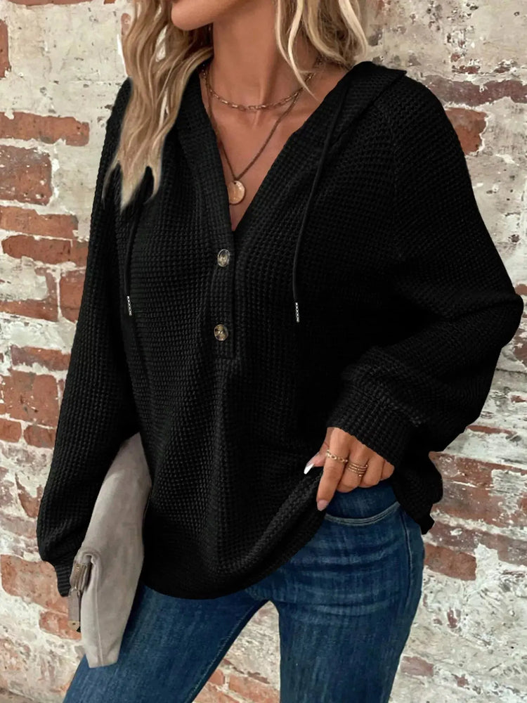 Full Size Button Detail Waffle Knit Hoodie Plus Size STYLE SOURCE