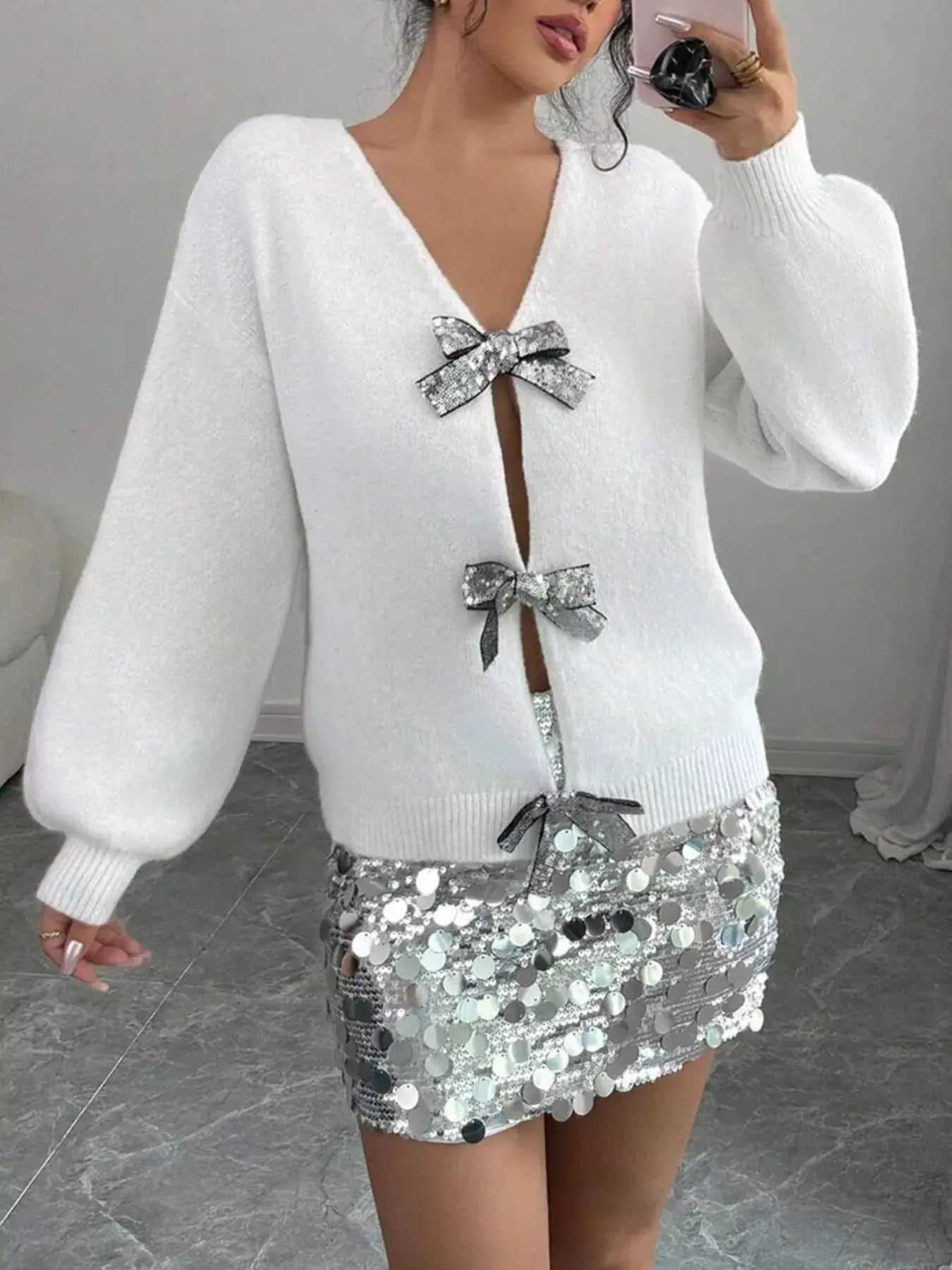 Bow-Decor Dropped Shoulder Knit Cardigan STYLE SOURCE