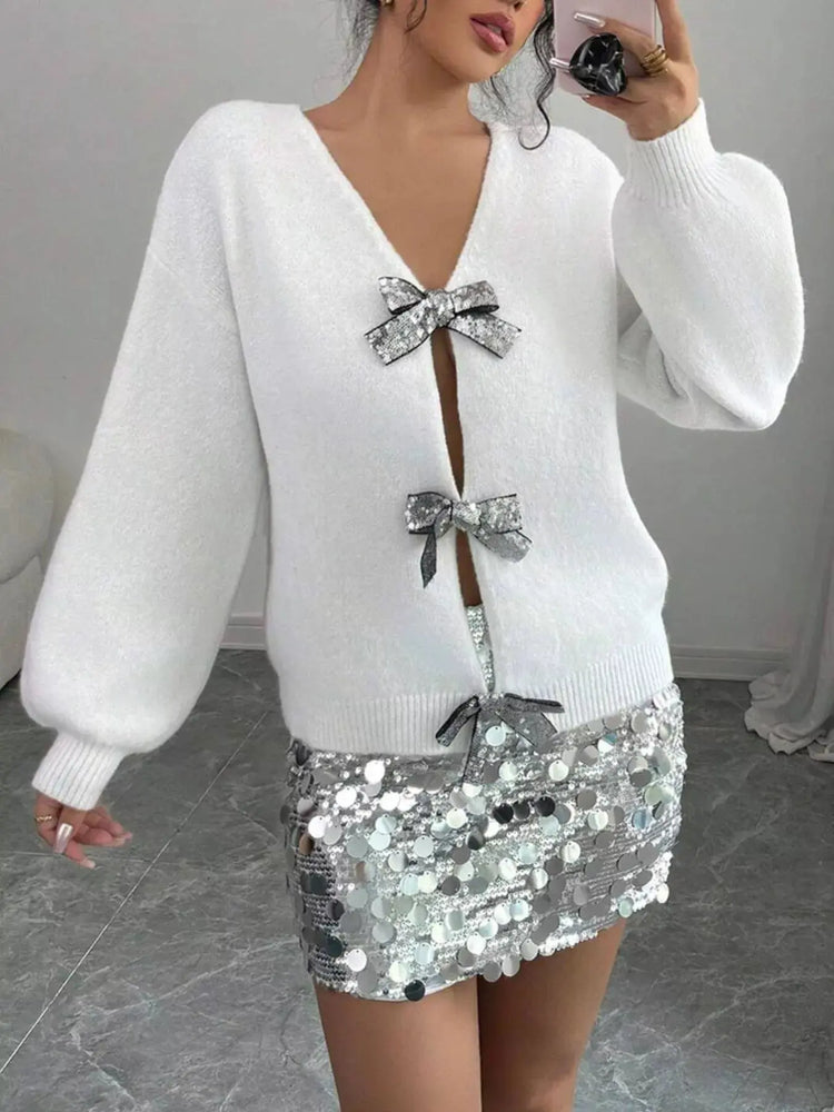 Bow-Decor Dropped Shoulder Knit Cardigan STYLE SOURCE