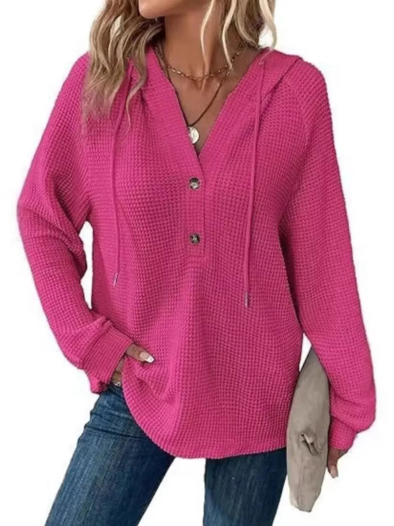 Full Size Button Detail Waffle Knit Hoodie Plus Size STYLE SOURCE