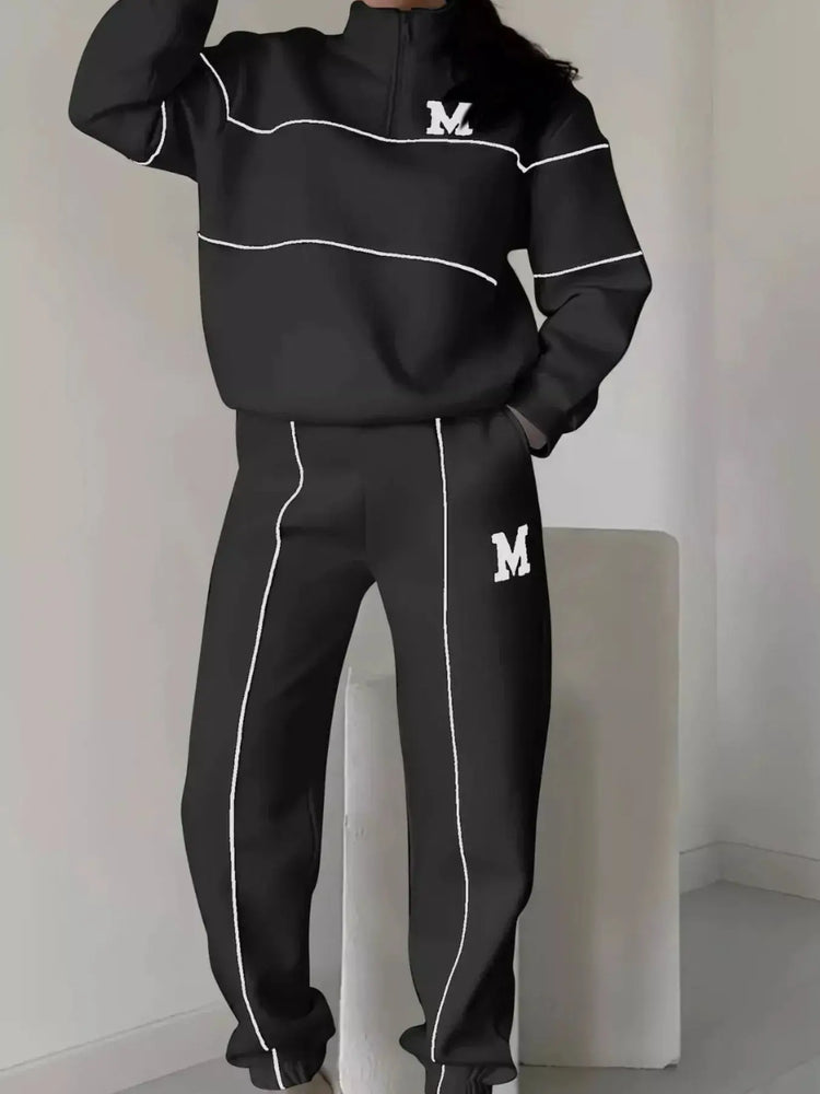 Full Size Striped Quarter Zip Top and Pants Set Plus Size STYLE SOURCE