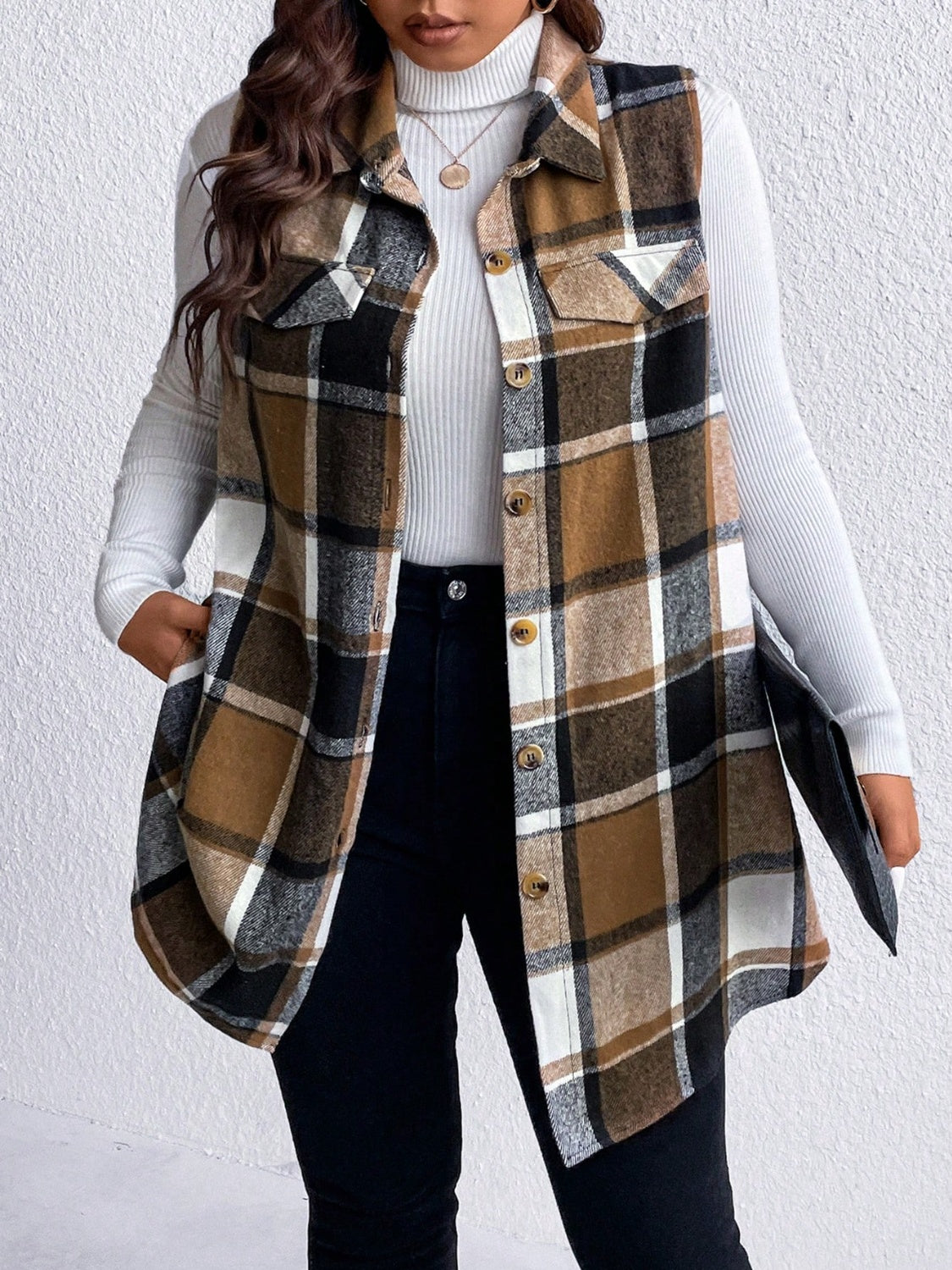 Honey Plus Size Pocketed Plaid Button Up Vest Coat STYLE SOURCE