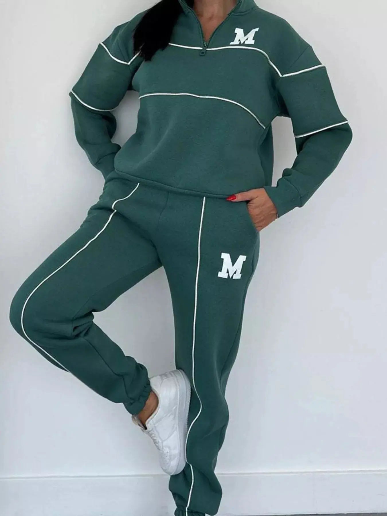Full Size Striped Quarter Zip Top and Pants Set Plus Size STYLE SOURCE