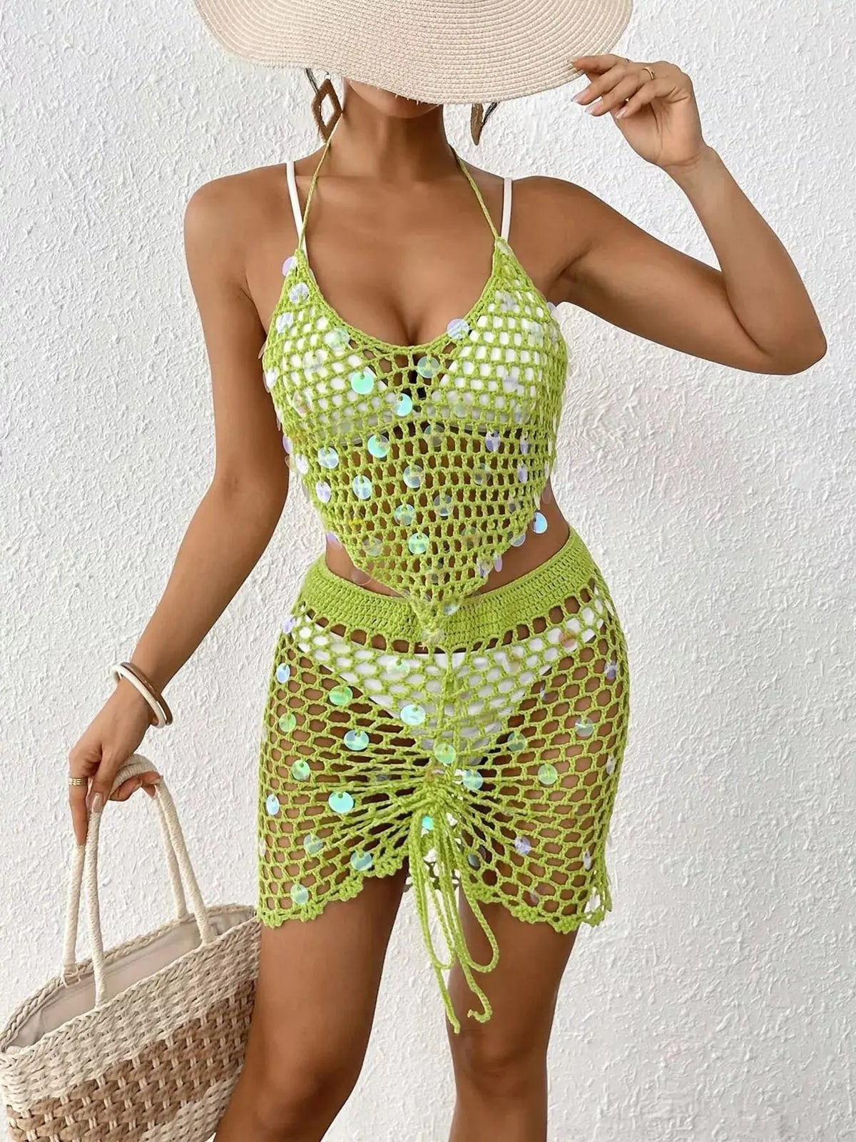 Crochet Halter Neck Top & Skirt Cover Up Set STYLE SOURCE