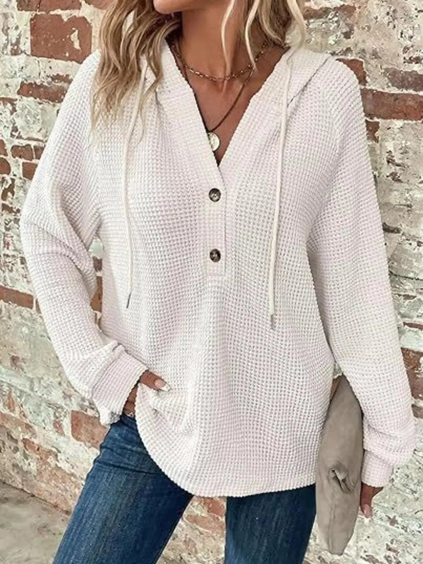 Full Size Button Detail Waffle Knit Hoodie Plus Size STYLE SOURCE