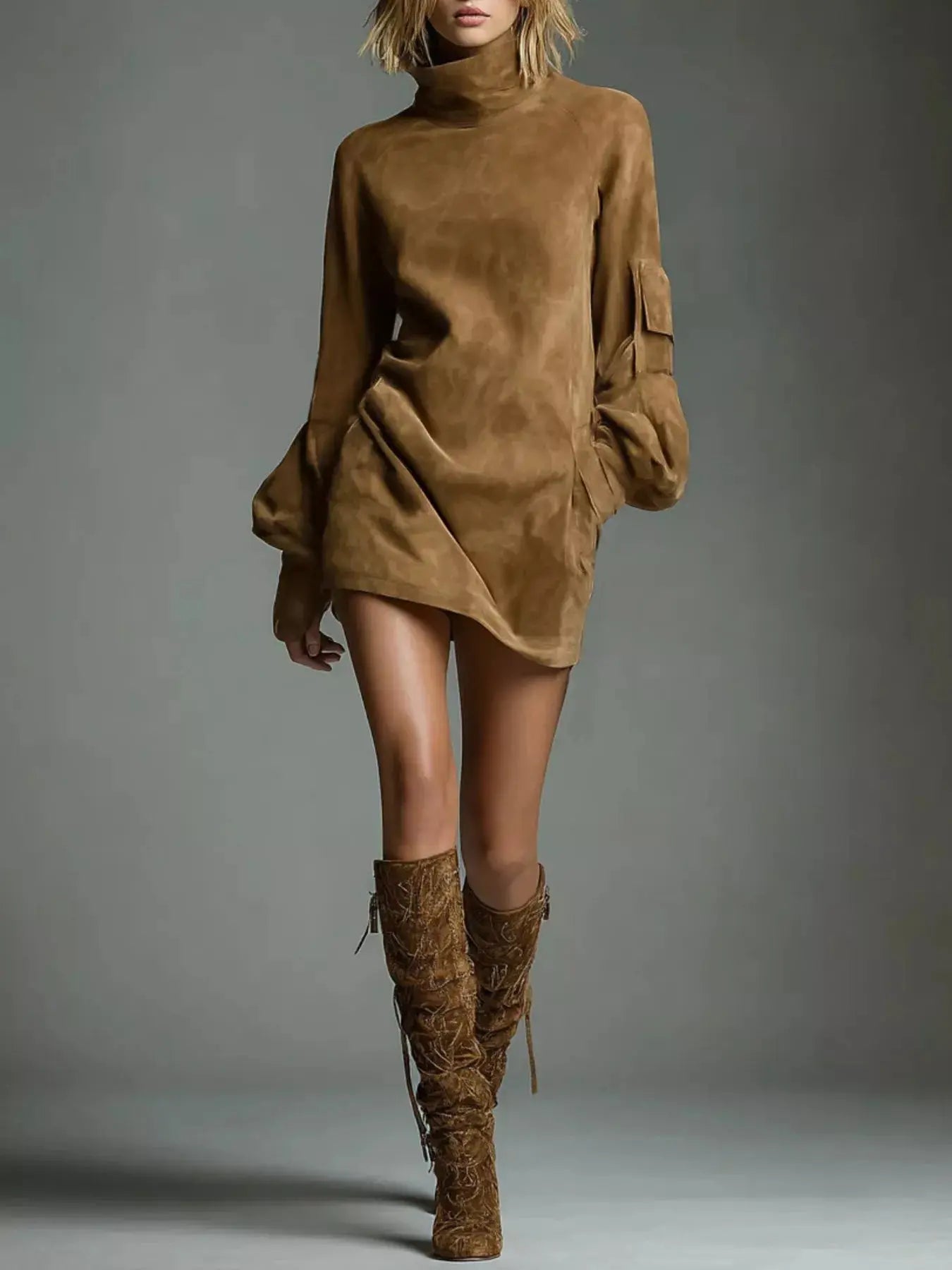 Full Size Suede Turtleneck Lantern Sleeve Mini Dress Plus Size STYLE SOURCE