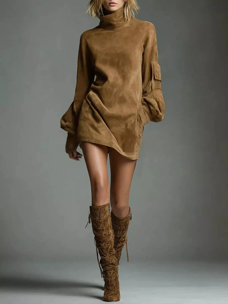 Full Size Suede Turtleneck Lantern Sleeve Mini Dress Plus Size STYLE SOURCE