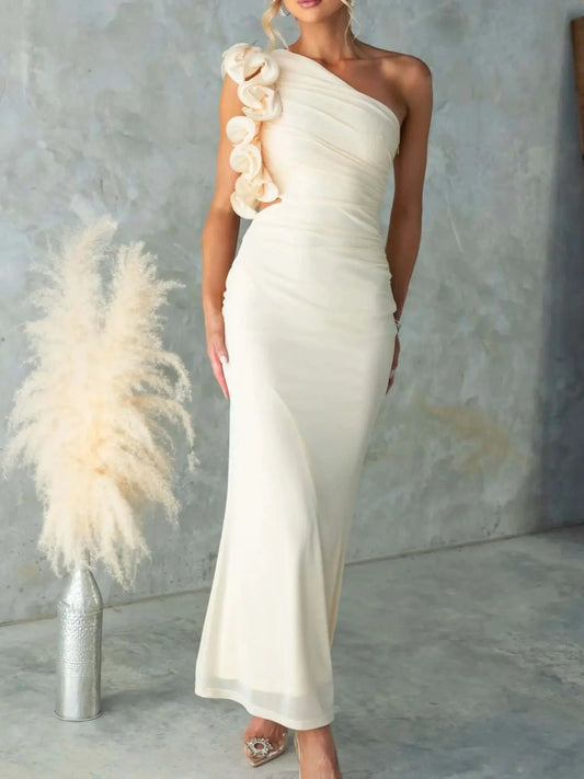 One-Shoulder Floral Trim Sleeveless Maxi Dress STYLE SOURCE