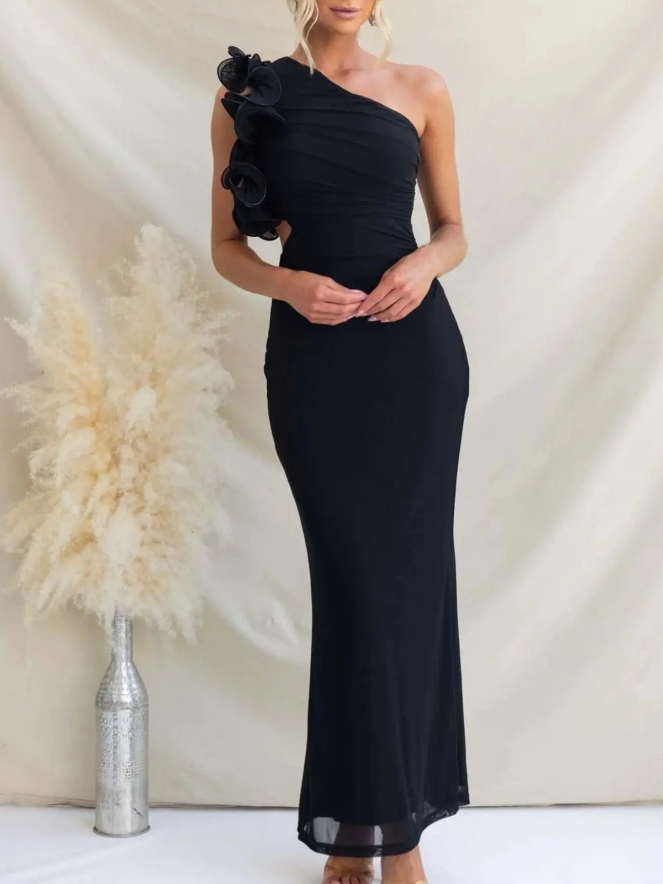 One-Shoulder Floral Trim Sleeveless Maxi Dress STYLE SOURCE