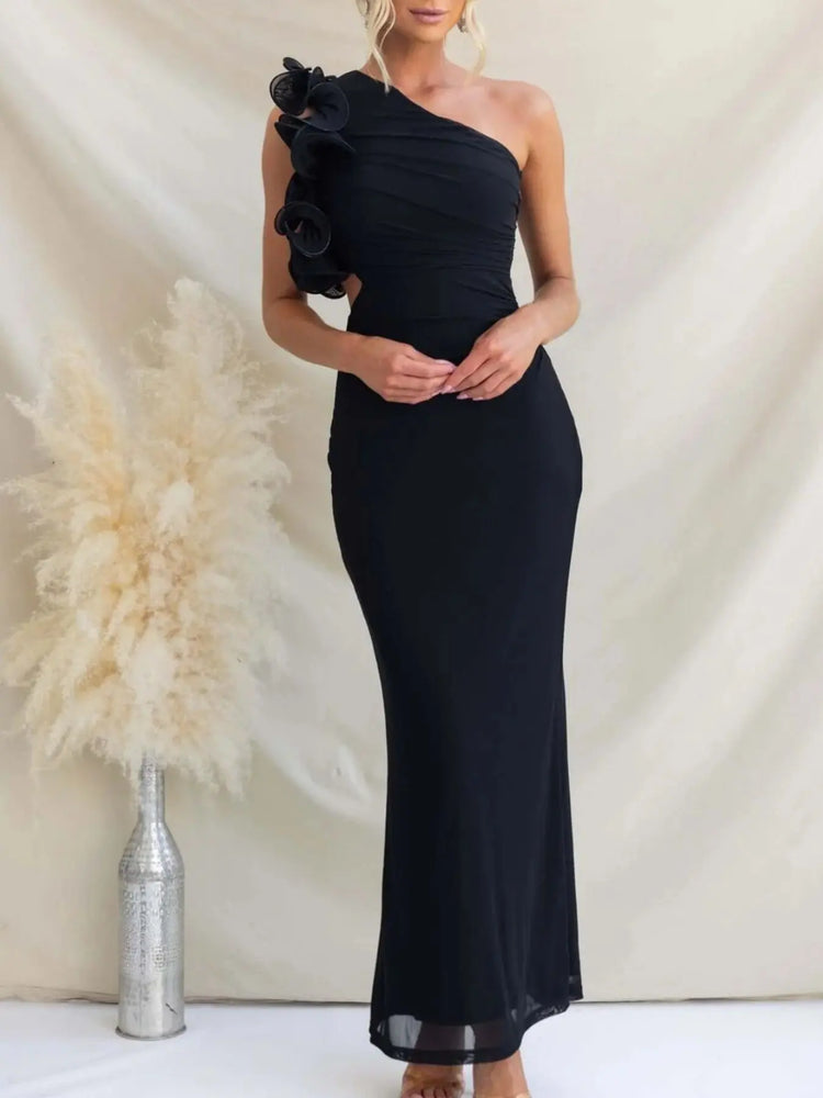 One-Shoulder Floral Trim Sleeveless Maxi Dress STYLE SOURCE