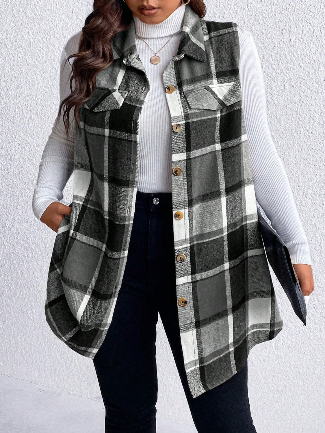 Honey Plus Size Pocketed Plaid Button Up Vest Coat STYLE SOURCE