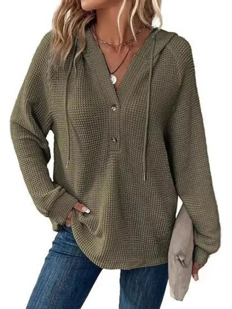 Full Size Button Detail Waffle Knit Hoodie Plus Size STYLE SOURCE