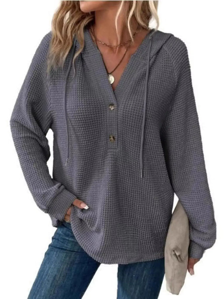 Full Size Button Detail Waffle Knit Hoodie Plus Size STYLE SOURCE