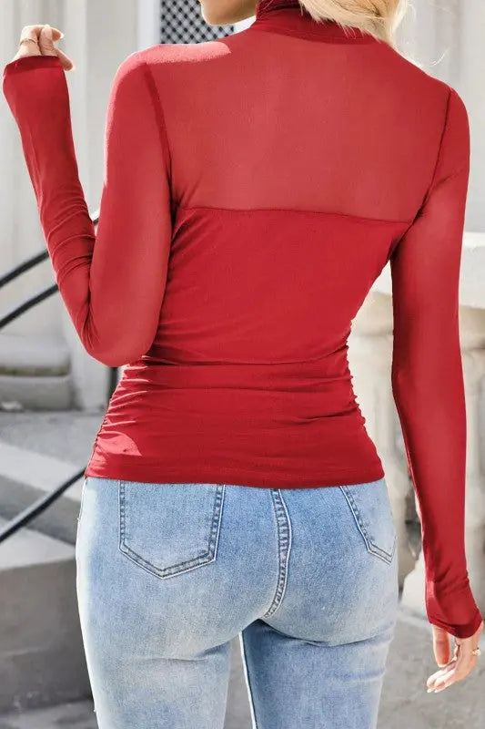 Sheer Mesh Patchwork High Neck Long Sleeve Top STYLE SOURCE