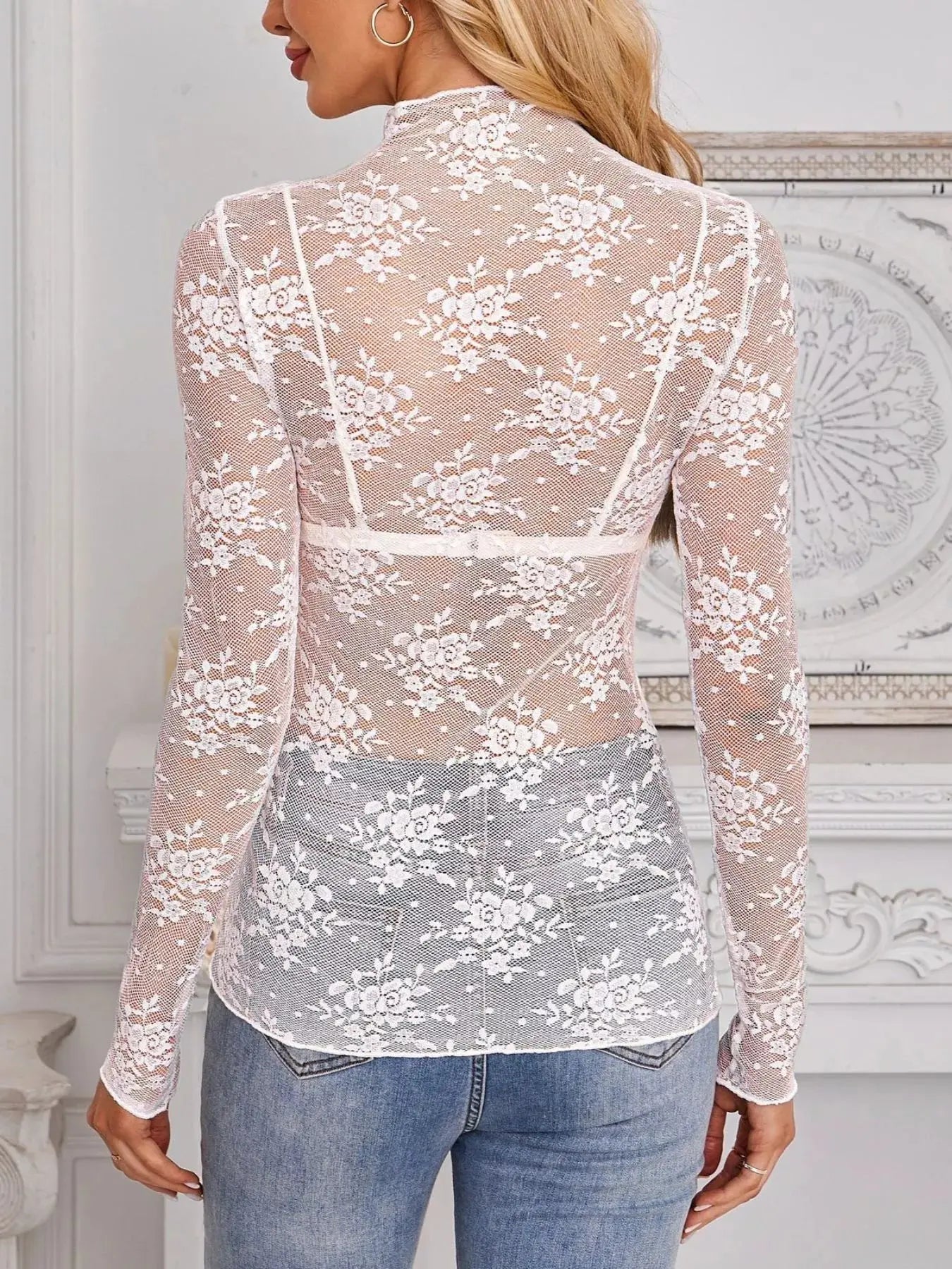 Lace Mock Neck Long Sleeve Blouse STYLE SOURCE